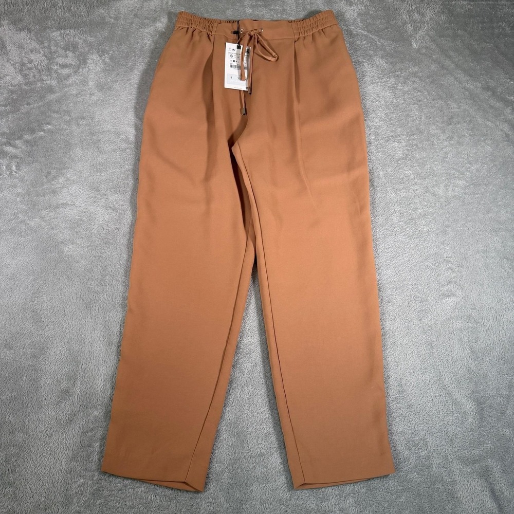 Zara Pants Womens Small Brown Drawstring Elastic Waist Straight Leg Trouser NWT